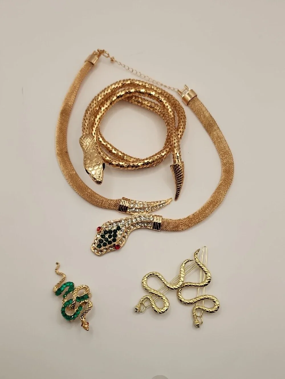 Halloween Gold Snake Jewelry Set - Gold Tone Necklace, Hair Pins and Earrings